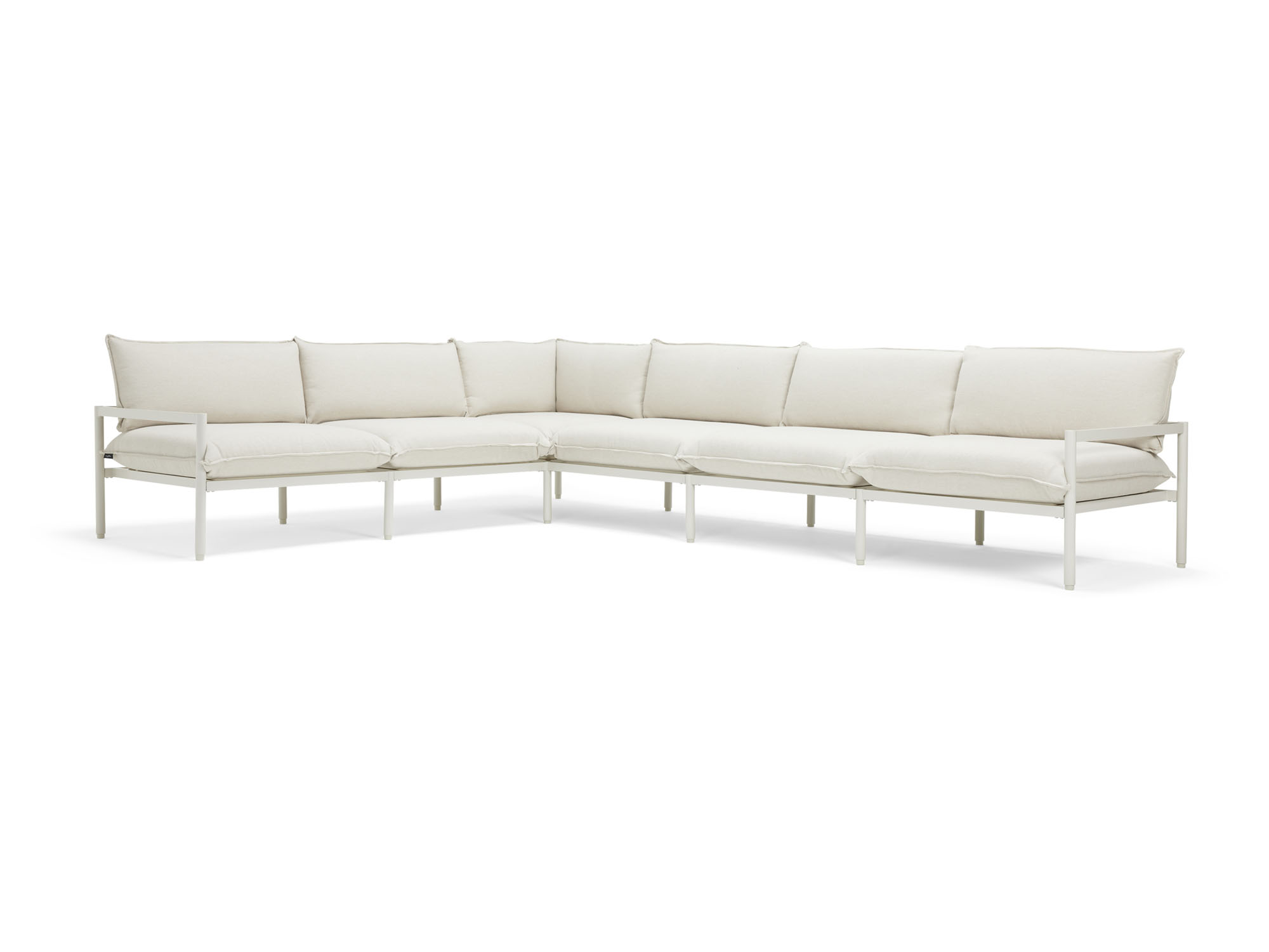 Front angle view of 6-piece white outdoor sectional sofa